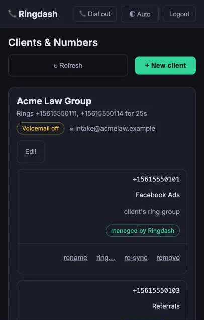 RingDash clients and numbers on a phone, with each tracking number marked managed by RingDash