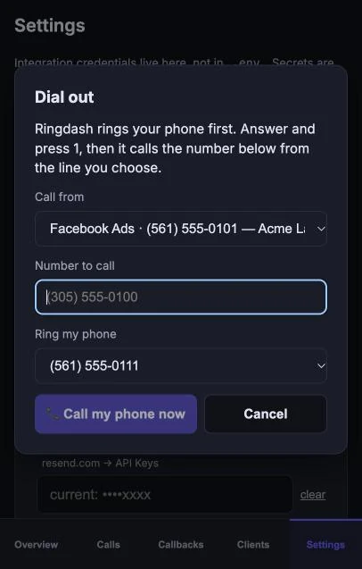 RingDash dial out dialog on a phone